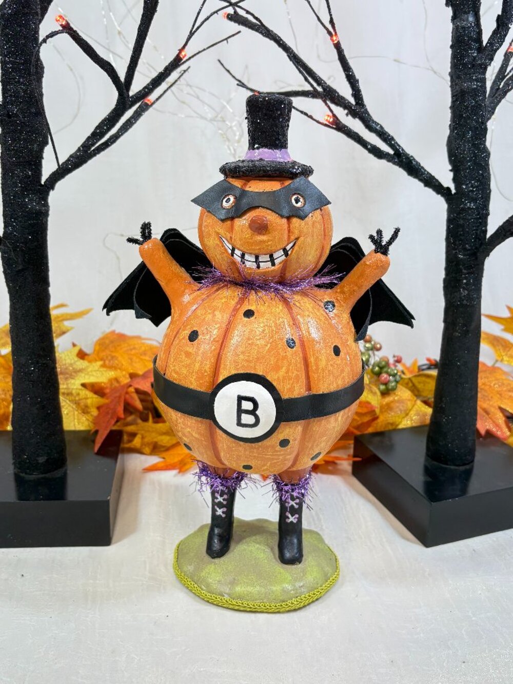 Vintage Inspired Folk-art Halloween Bat Jack O Lantern Pumpkin Man Figure 12"